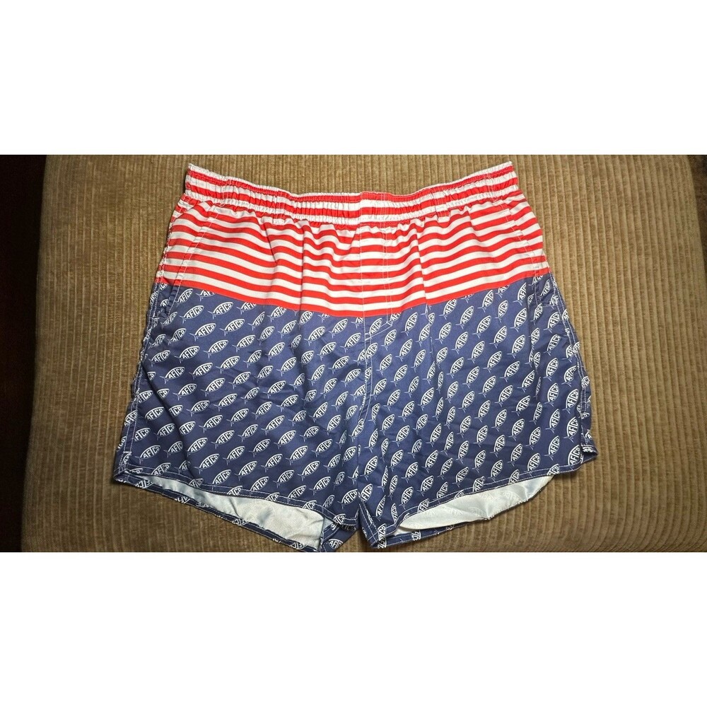 AFTCO Men's Swim Shorts XL Red White Blue Striped Elastic Waist Drawstring Lined